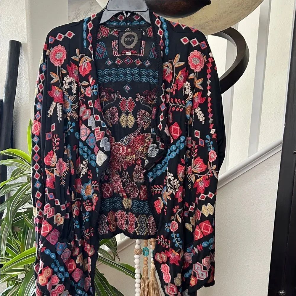 Johnny Was Colorful Embroidered Open Cardigan